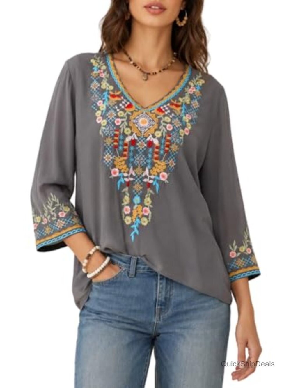 Boho Embroidered Peasant Top 3/4 Sleeve V Neck Tunic Blouse